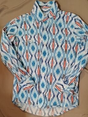 Wrangler Blue Aztec Western Shirt with Coral Accents